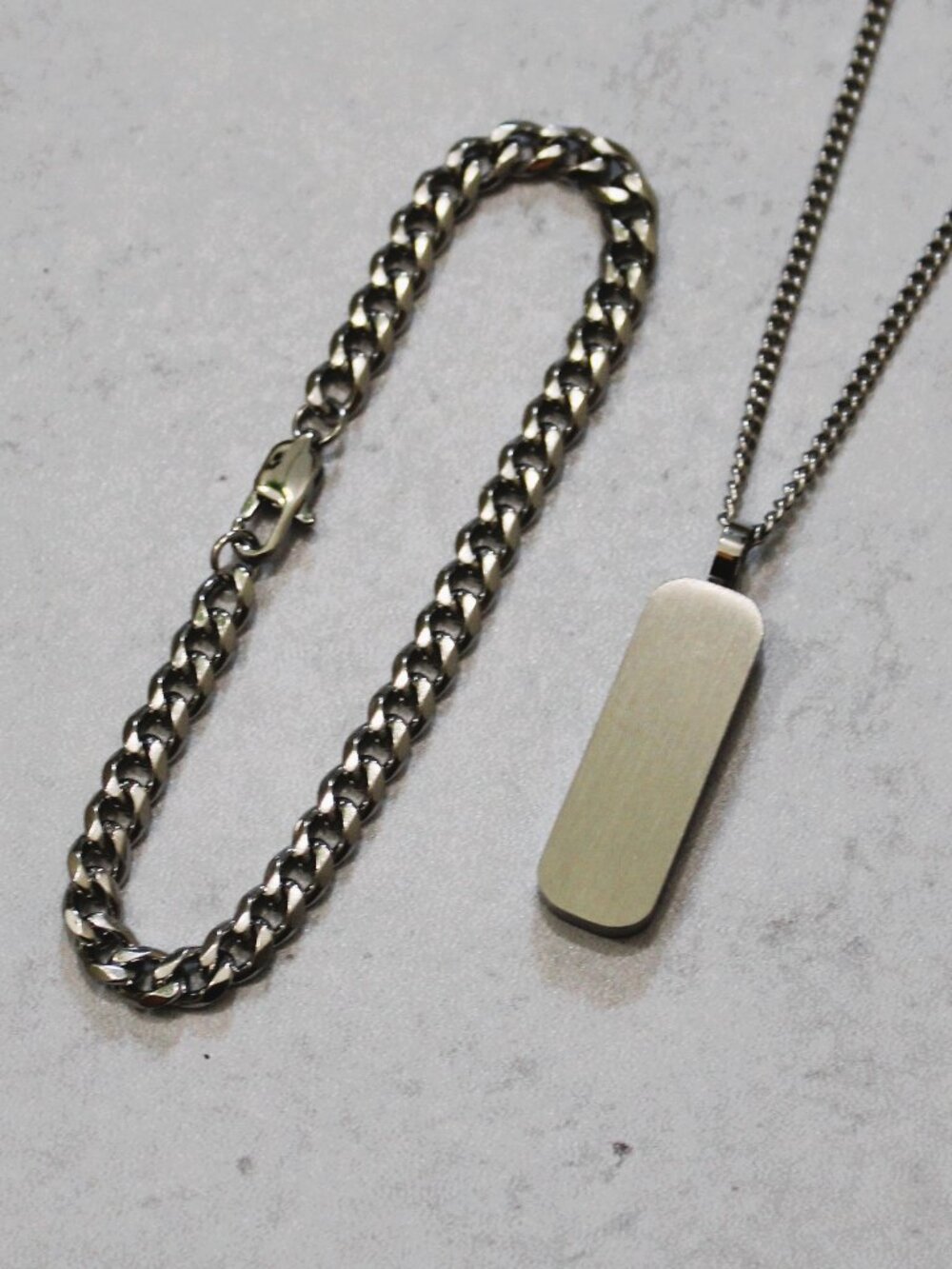 Silver Bar Pendant Necklace + 5mm Cuban Link Bracelet Set